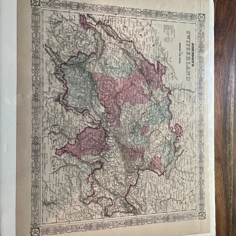 Antique 1860s Johnson & Ward Switzerland Map Hand Colored Original Atlas